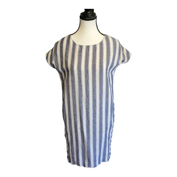 Madewell Linen Blend Button Back Dress Womens XXS Blue White Stripe Coastal - Picture 1 of 14